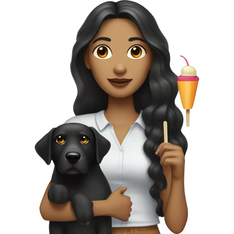 A white woman with long wavy black hair, brown eyes, holding a black dog and a mango flavored ice popsicle in the other hand  and a telephone under her ear emoji