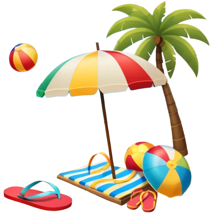 Icon for Beach Tourism: a sandy beach with a sun umbrella, beach ball, and flip-flops, with the ocean waves in the background. The icon should capture the relaxation and fun of a beach vacation. Transparent background emoji