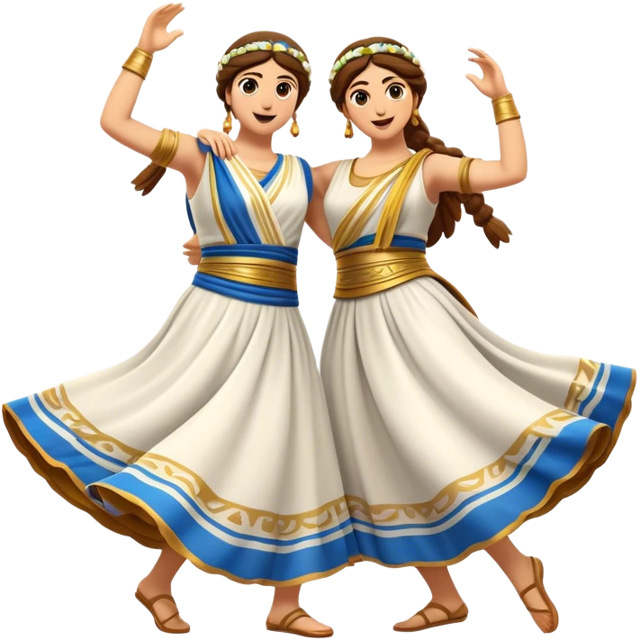 Cinematic Realistic Sirtaki Dance Emoji, depicted as a vibrant traditional Greek dance scene with flowing movements and expressive costumes, rendered with dynamic textures and warm festive lighting that captures its cultural exuberance. emoji