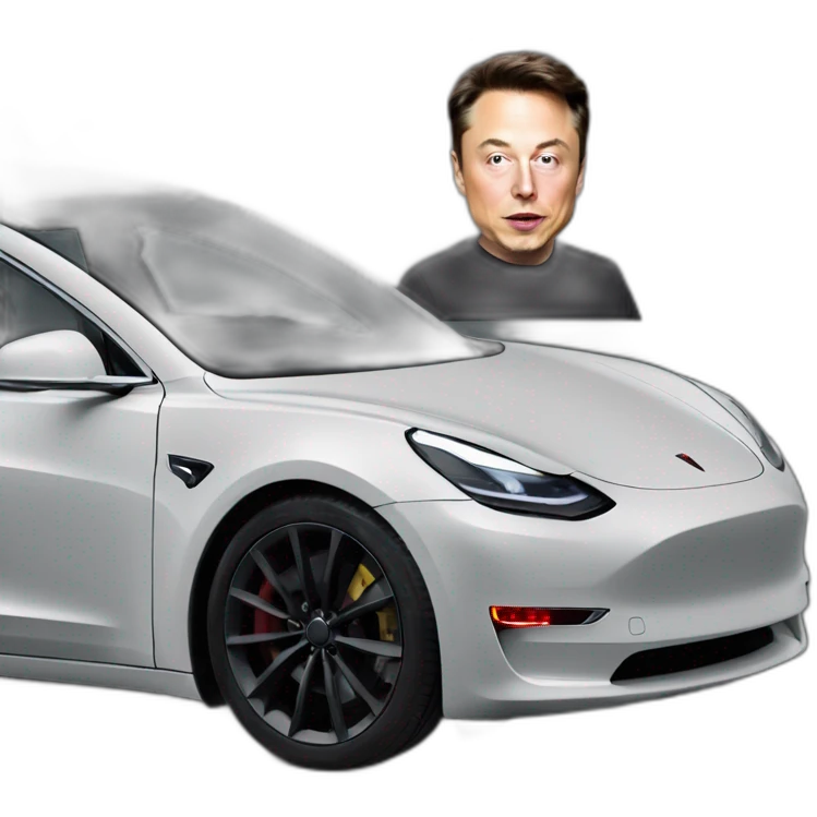 Elon musk riding a all black Tesla Model 3 viewed from front with head popping from window emoji