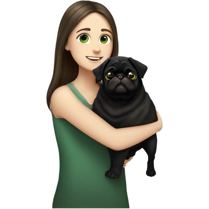 White girl green eyes brown long hair cuddling happy black pug dog emoji