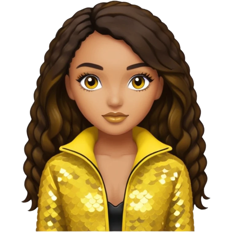 Leigh-Anne Pinnock from Little Mix with long dark brown hair, yellow sequin outfit emoji