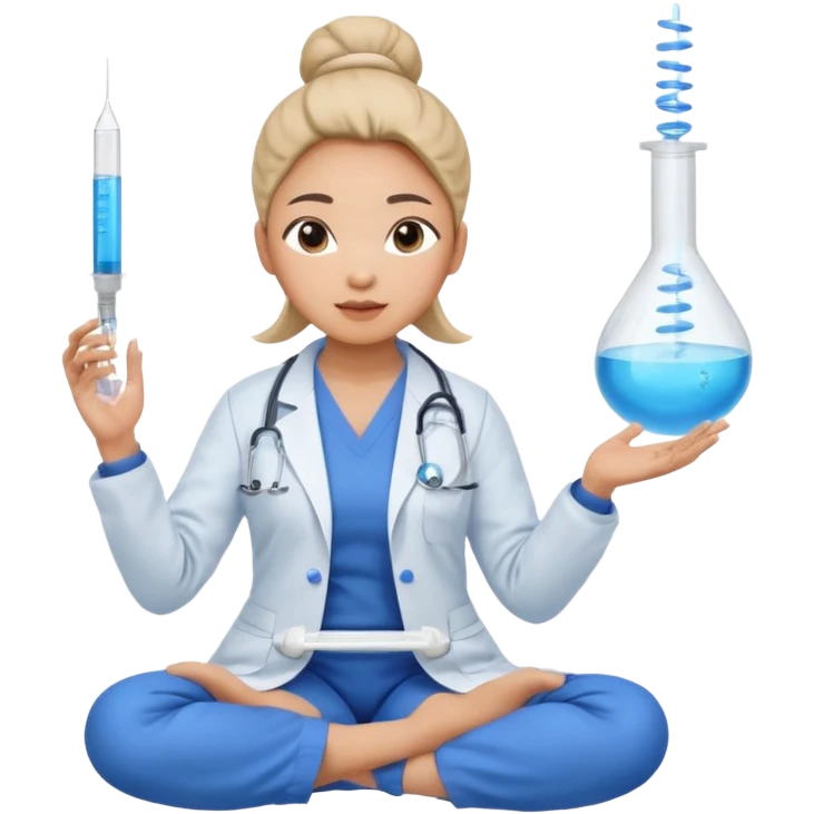 emoji of an asian woman with a single bun in a blue lab coat sitting cross legged with dna levitating above one hand and a micropipette above the other hand emoji