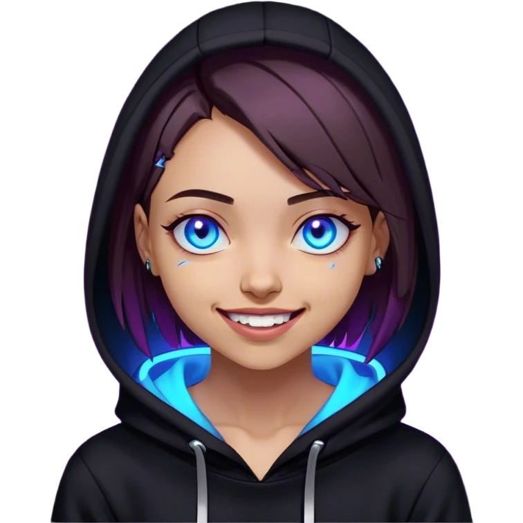 a girl with a brown bob and blue eyes in a black hoodie laughs and holds her head Cyberpunk style. Violet neon. emoji
