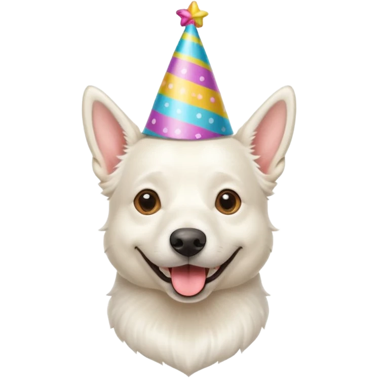 A White belgian dog wearing a party hat.   emoji