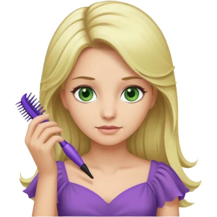 blonde woman with swamp green eyes, soft purple dress, combing her hair, iOS emoji style emoji