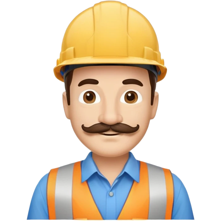 Business owner, well dressed, blue shirt, mustache, construction protection hat, happy emoji