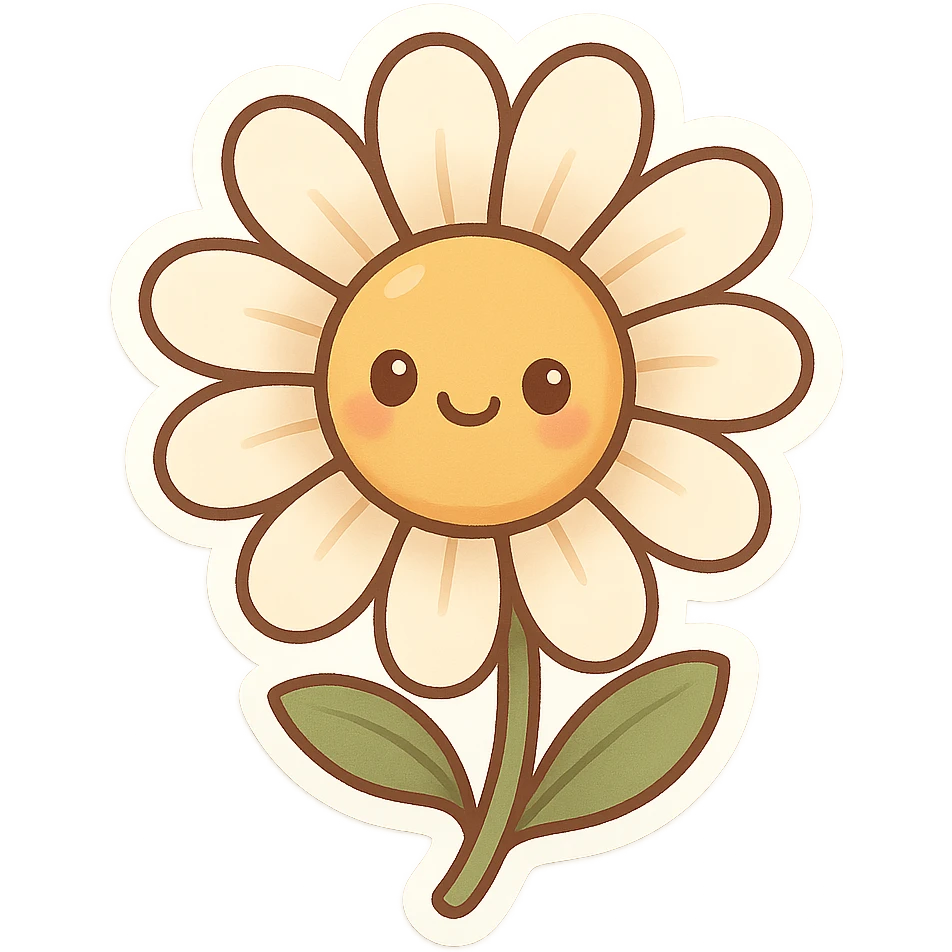 a daisy flower with a smiling face in the center, cartoon style emoji