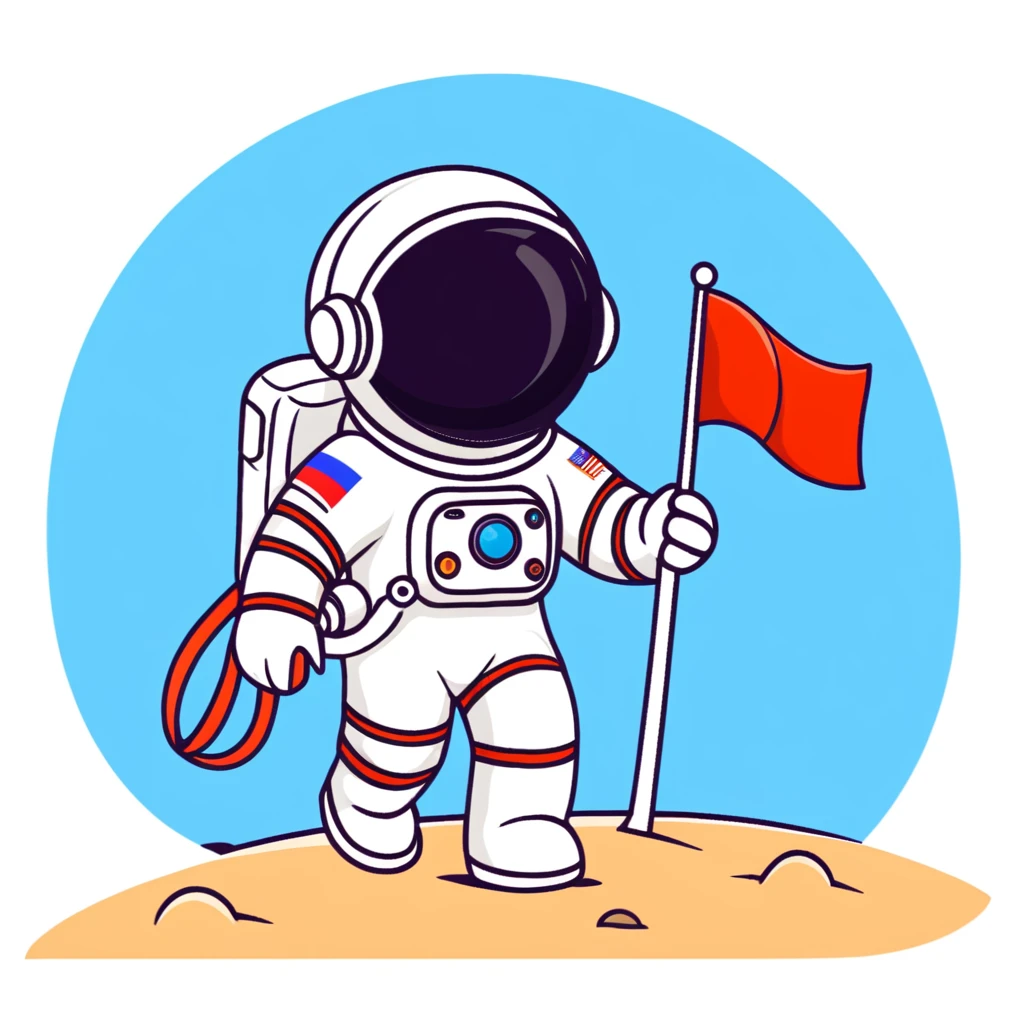 Cosmonaut walking on a planet surface, wearing a spacesuit with Russian flag, light hair and light skin visible through helmet emoji