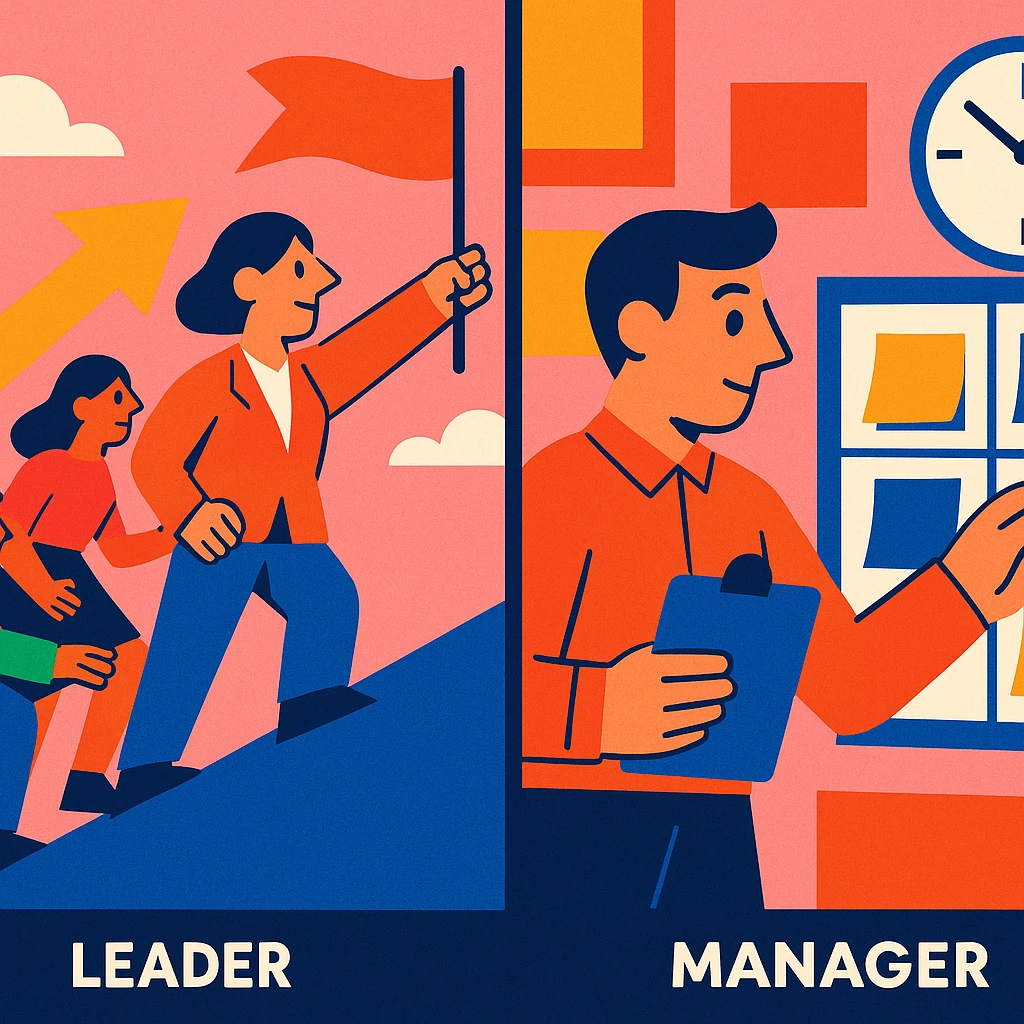 split image with left side showing a leader guiding a team and right side showing a manager organizing tasks, both working together in vibrant toon style emoji