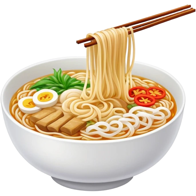 Yunnan over-the-bridge rice noodles with separate ingredients, simplified emoji style with bold outlines and bright colors, cartoon style Chinese noodle dish emoji