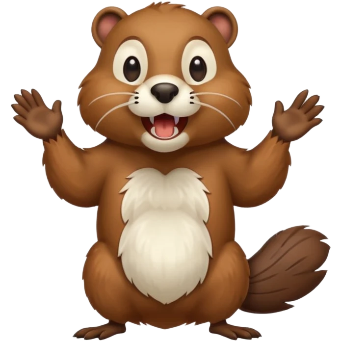 A crazy beaver is standing on its hind legs with its front paws stretched out in front of it. It has a brown fur coat with white fur around its eyes and nose. mouth is open, revealing sharp teeth.  emoji