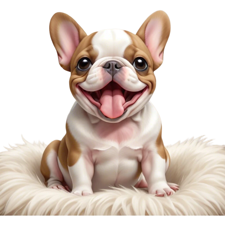Cinematic Cute Yawning Pied French Bulldog Portrait Emoji, Head tilted with an exaggerated, endearing yawn and sleepy, squinty eyes, showcasing a unique pied fur of contrasting colors with a playful expression, simplified yet irresistibly adorable, highly detailed, glowing with a soft, cozy radiance, high shine, exuding a relaxed, humorous charm, styled with a gentle, soft glowing outline, capturing the essence of a Pied French Bulldog in a blissfully cute yawn that warms the heart! emoji