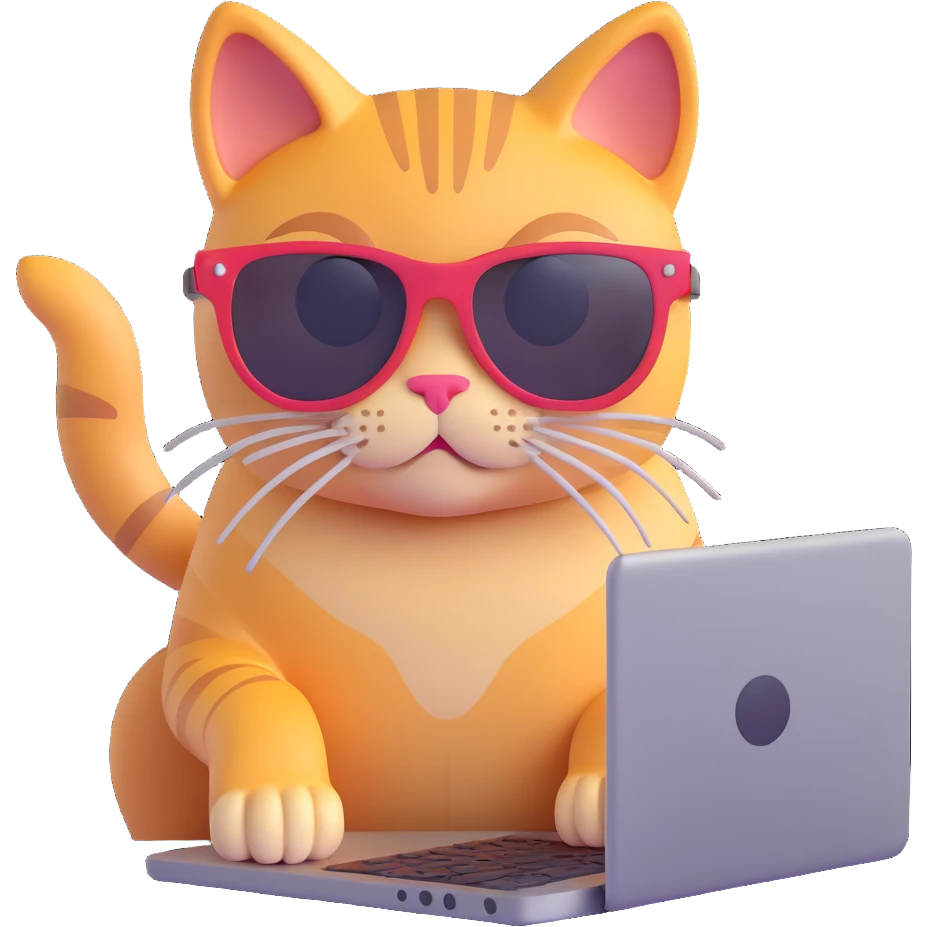 cat with sunglasses using a computer, 3d emoji style emoji