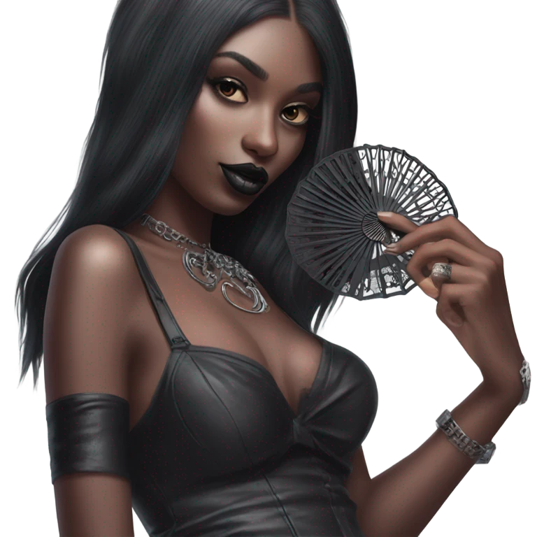 Hyper Realistic Goth victoria secret model holding a Goth style handheld fan emoji