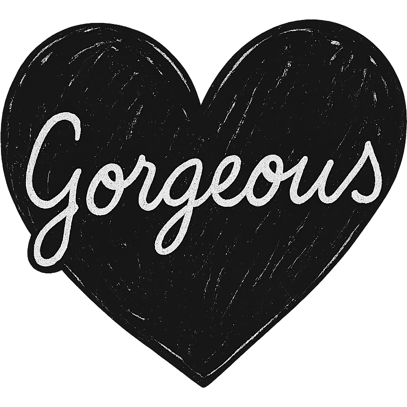 the word 'Gorgeous' in white handwriting across a black heart, hand-drawn style, high contrast emoji