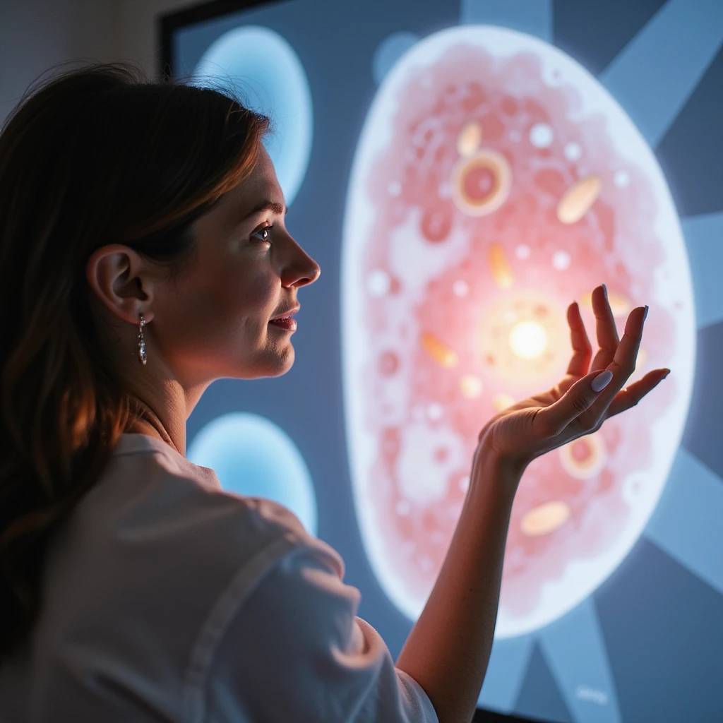woman with PCOS observing a medical illustration of healthy mature oocytes, expression of hope and satisfaction, clinical environment, light colors, realistic photography or medical art emoji