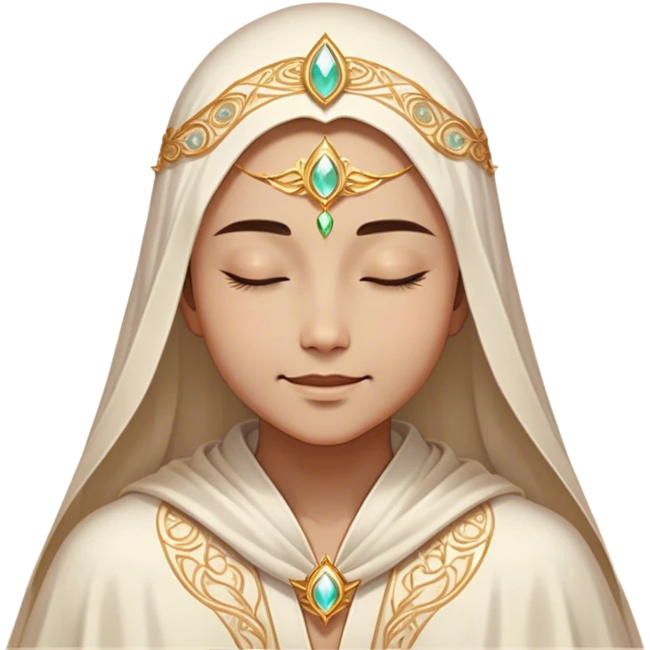 Clash of Clans aesthetic: Beautiful and Majestic Mage Portrait Emoji, Rendered in serene mystique with a gentle, confident smile and an aura of timeless magic, showcasing an elegantly robed figure with intricate arcane embellishments and softly closed eyes in natural skin tone, Simplified yet exquisitely endearing features, highly detailed, glowing with a soft, majestic mystical light, high shine, calm and profoundly wise, stylized with an air of timeless sorcery, soft glowing outline, capturing the essence of a majestic mage whose magical presence inspires epic quests! emoji