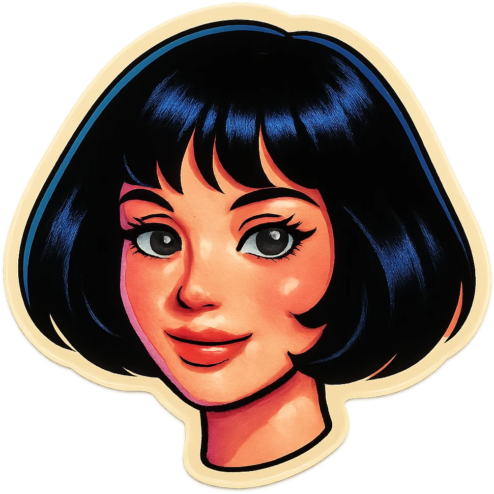sexy but cute girl with pale skin, black bob haircut, light makeup, big expressive eyes, soft smile, Telegram sticker style, head only without neck, white background emoji