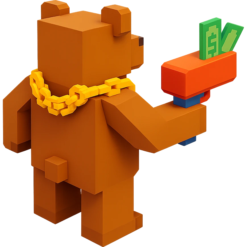 A grizzly bear with a chain and a money gun, voxel style, facing backward emoji