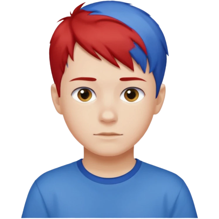 teenage boy with blue short hair, red hair ends. he is wearing a white t-shirt. emoji