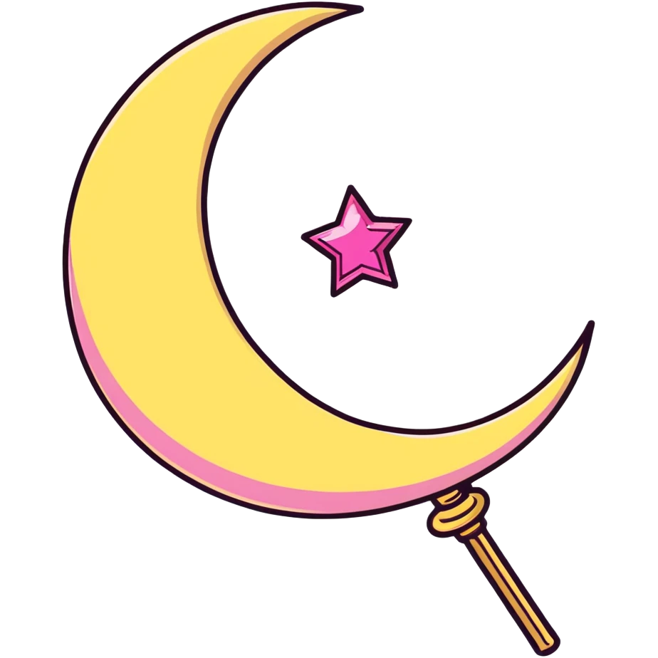 Sailor Moon's Moon Stick magical wand with a golden crescent moon and pink gem, magical anime style emoji