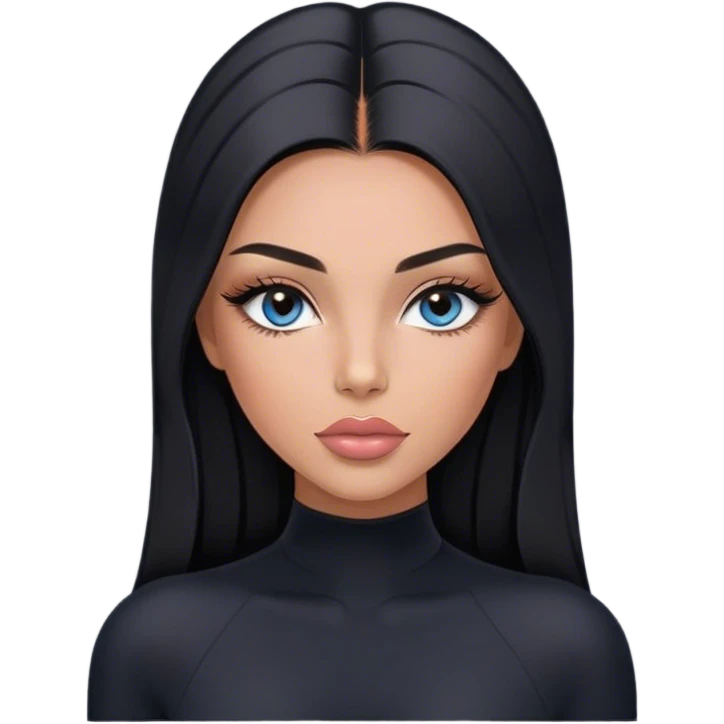 Glamours, tanned, very beautiful girl, with big pump peach-beige-rose lips, long long lashes, black straight smooth silky long hair, straight parting hair, blue-grey eyes in black long-sleeves bodysuit emoji