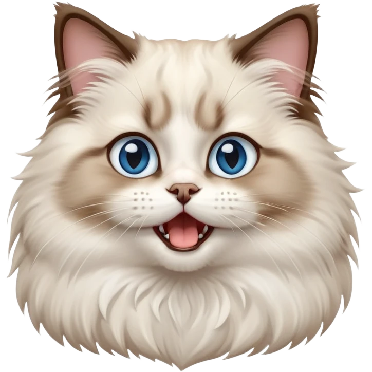 cinematic-adorable-big-eyed-fluffy-ragdoll-cat-portrait-emoji,-head-tilted-playfully-with-a-cute,-yawn,-white and brown fur,-simplified-yet-irresistibly-cute-features, blue eyes emoji