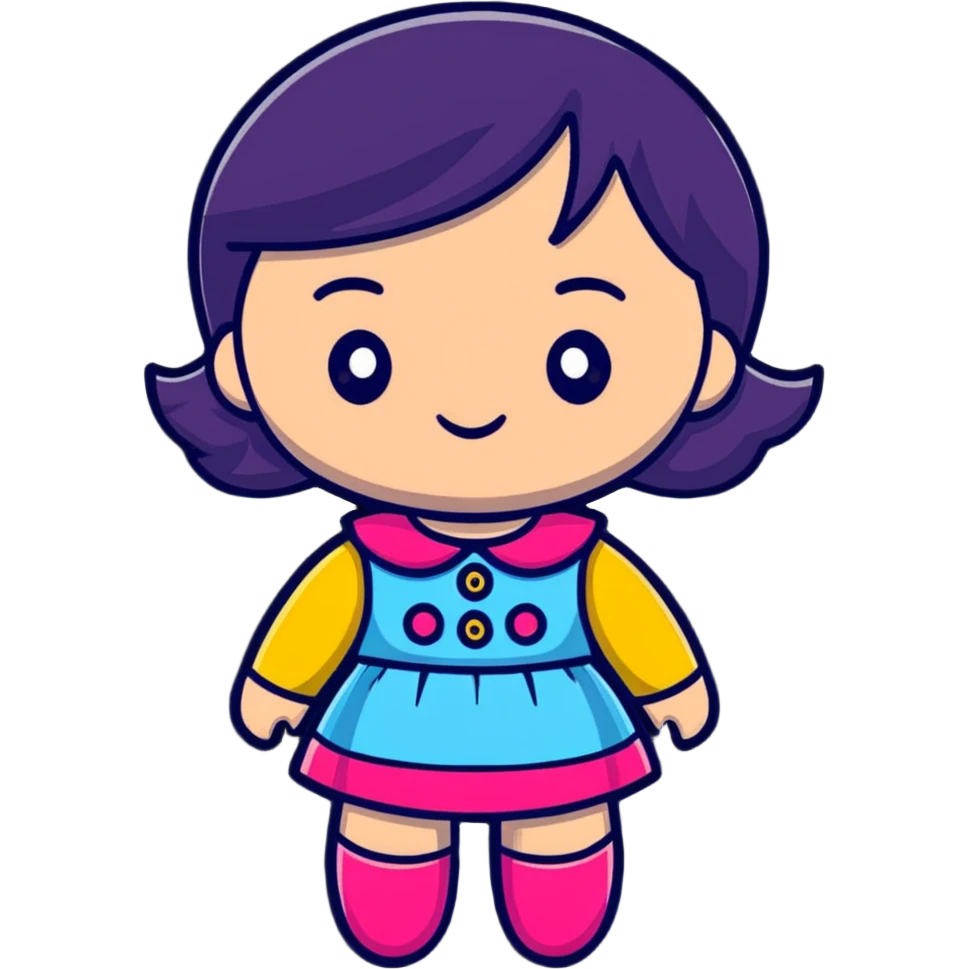 boneca, cute doll, cartoonish sticker style, vibrant colors, bold outlines, no text emoji