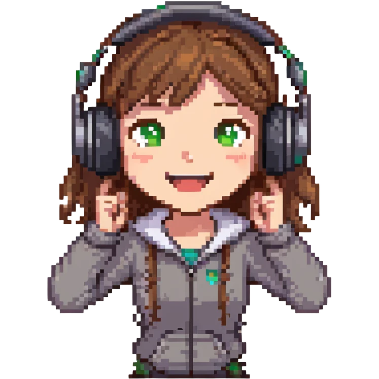 brown-haired gamer girl, excited expression, headphones, head only, emote emoji