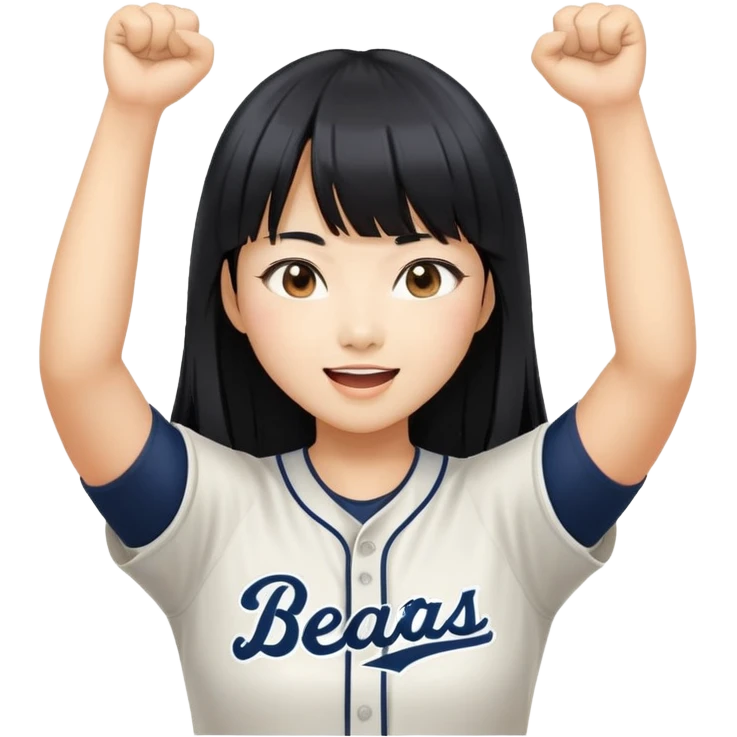 Asian woman with long black straight hair with bangs cheering for Doosan Bears baseball team emoji