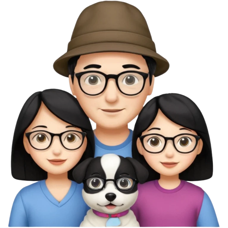 (Mom black hair with glasses, Dad black hair with hat, Daughter black hair with glasses, white Dog) emoji