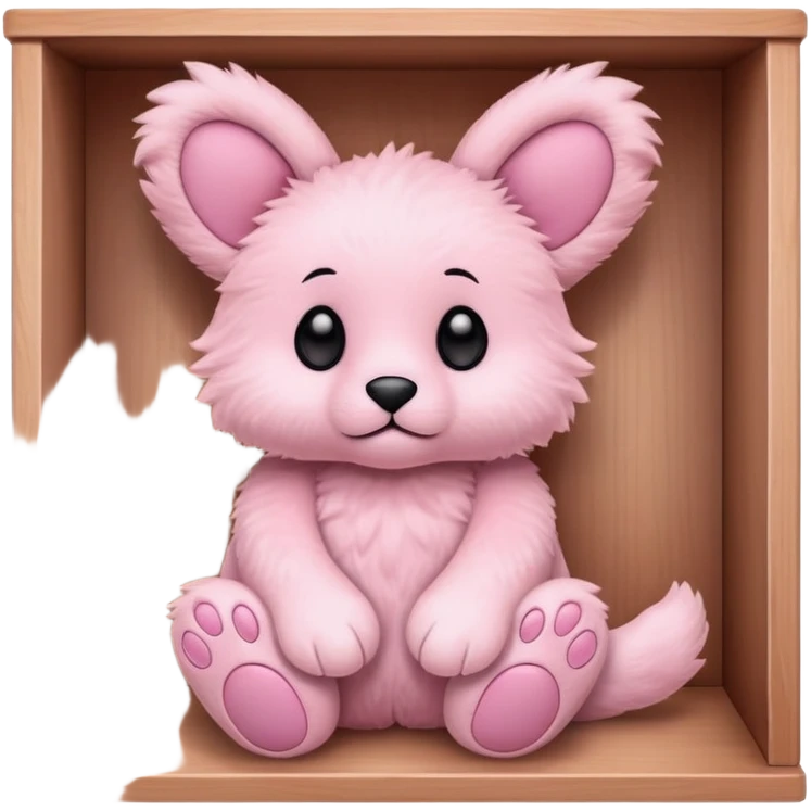 A cute plush toy sitting on a wooden shelf. The toy is fluffy and pastel pink, with floppy ears, a small face with black eyes and a tiny stitched mouth, and round paw-like feet featuring soft pink paw pads. The setting is cozy and playful, resembling a toy store or gift shop display emoji