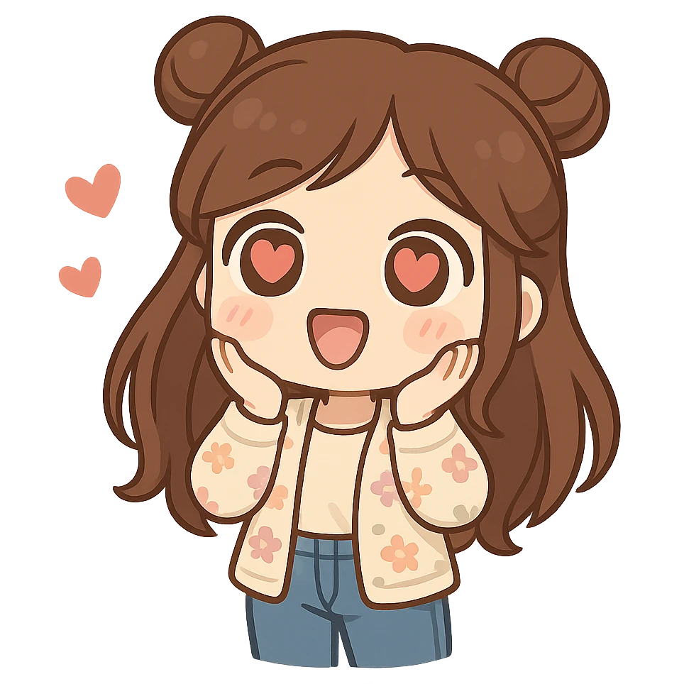 3D chibi style high-quality rendering smooth shadows soft gradients girl with long brown hair styled in two space buns brown eyes wearing jeans pastel floral cardigan thick white outline like a sticker transparent background in love hearts in her eyes preserve facial features emoji