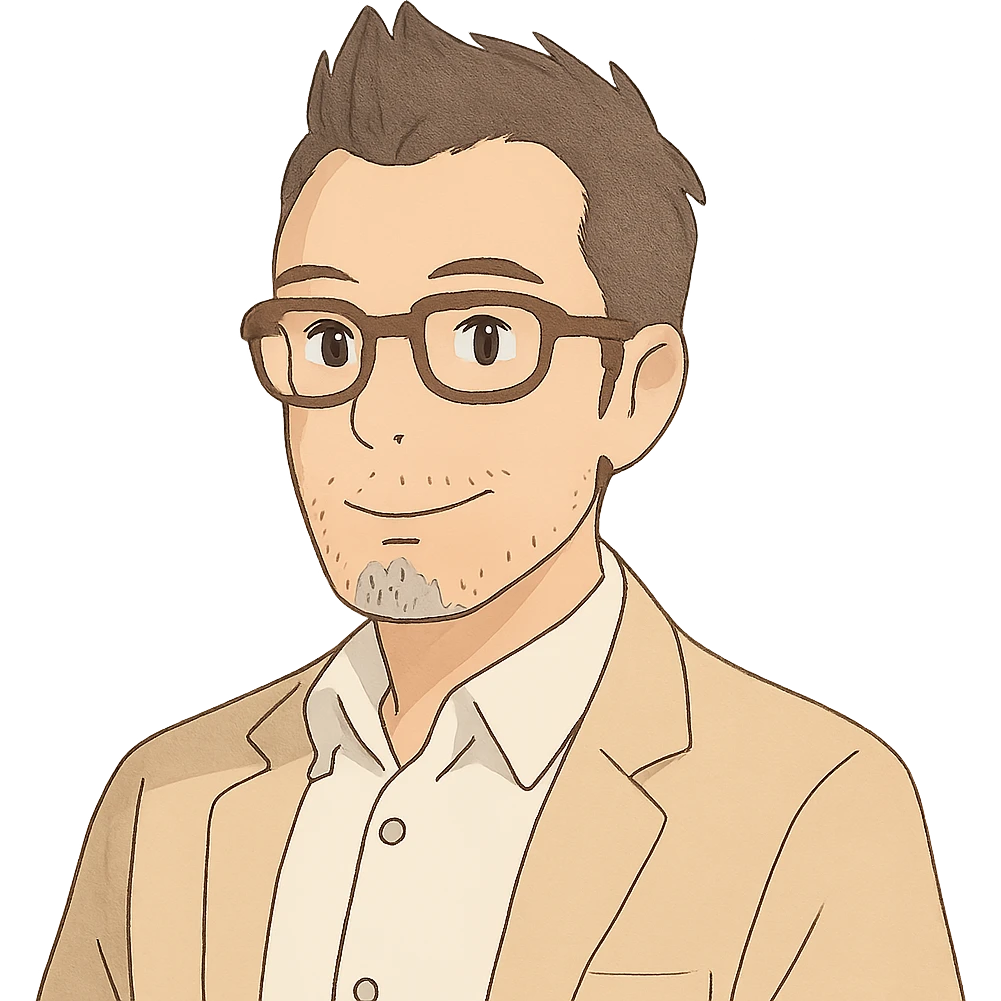 soft color, business casual man with dark brown fauxhawk, white shirt, brown rectangular glasses, graying stubble on chin emoji