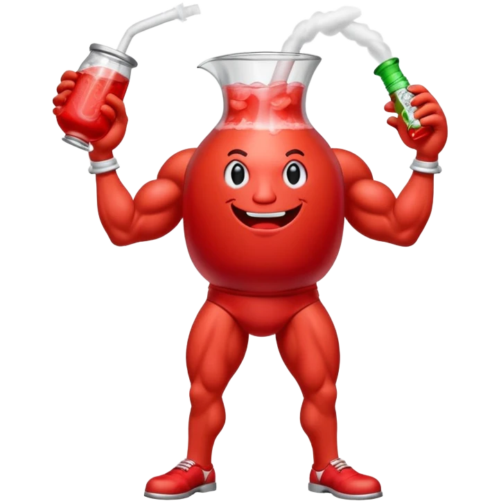 Red pitcher Kool-Aid man character with muscular legs smoking a bong emoji