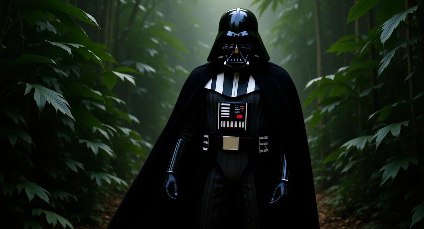 cinematic still, documentary photography, amazon jungle, well lit scene, Darth Vader is exploring the jungle, close up, front shot, rule of thirds emoji