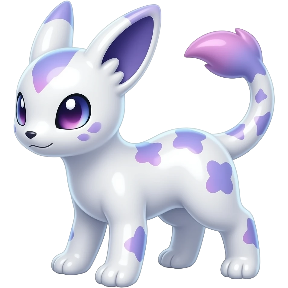 Shiny iridescent glossy oily smooth silky soft White with indigo-Violet-purple-pinkish-gradient markings beautiful handsome gorgeous aesthetic colorful vibrant Vernid-Trico-species-Fakemon-creature by LiLaiRa, 4 legs, 1 tail, random markings, (full body) emoji