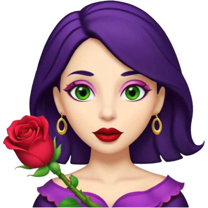 Big Puerto Rican colored dildo inside a women’s with blackish purple hair and Italian skin color with green almond shapes eyes, magical mouth with lips shapes  rose petal /bud emoji