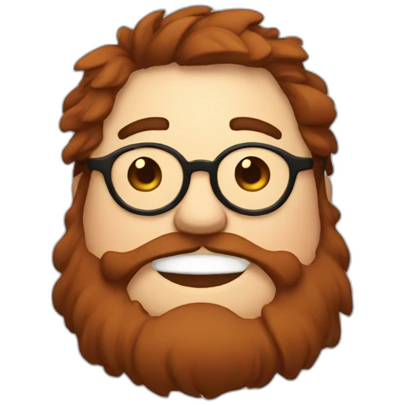 Chubby, non binary, round glasses, attached long brown hair, red and Brown beard, laughing ans sleepy emoji