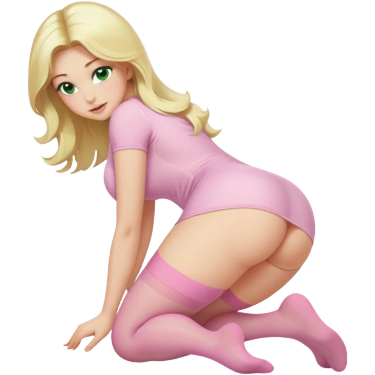 curvy blonde long hair and green eyes, intimate bending over sfw light pink nylon stocking pose emoji
