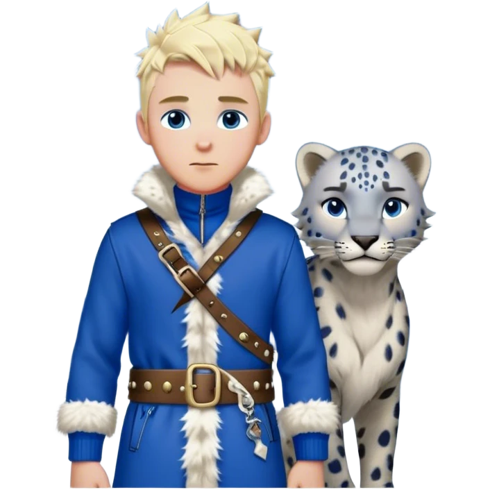 Medieval winter outfit worn by a DnD themed fantasy male character. Heavy cobalt blue wool tunic with snow leopard fur lining, secured by polished bone toggles and a wide leather belt with brass studs. Clothes only above the waist, full waist coverage. The character has no arms. Character is white-skinned with platinum blonde hair, winter-sky blue eyes, and short spiky hair touched by snowflakes. emoji