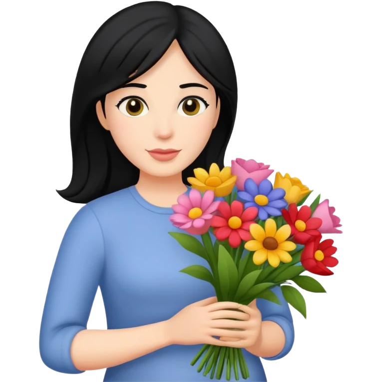 black haired mother holding a bouquet of flowers emoji