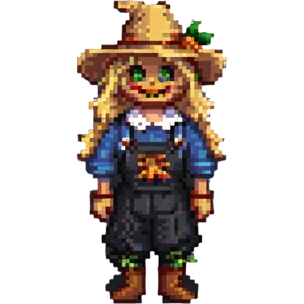 cute blonde scarecrow with straw hat pixel art emoji