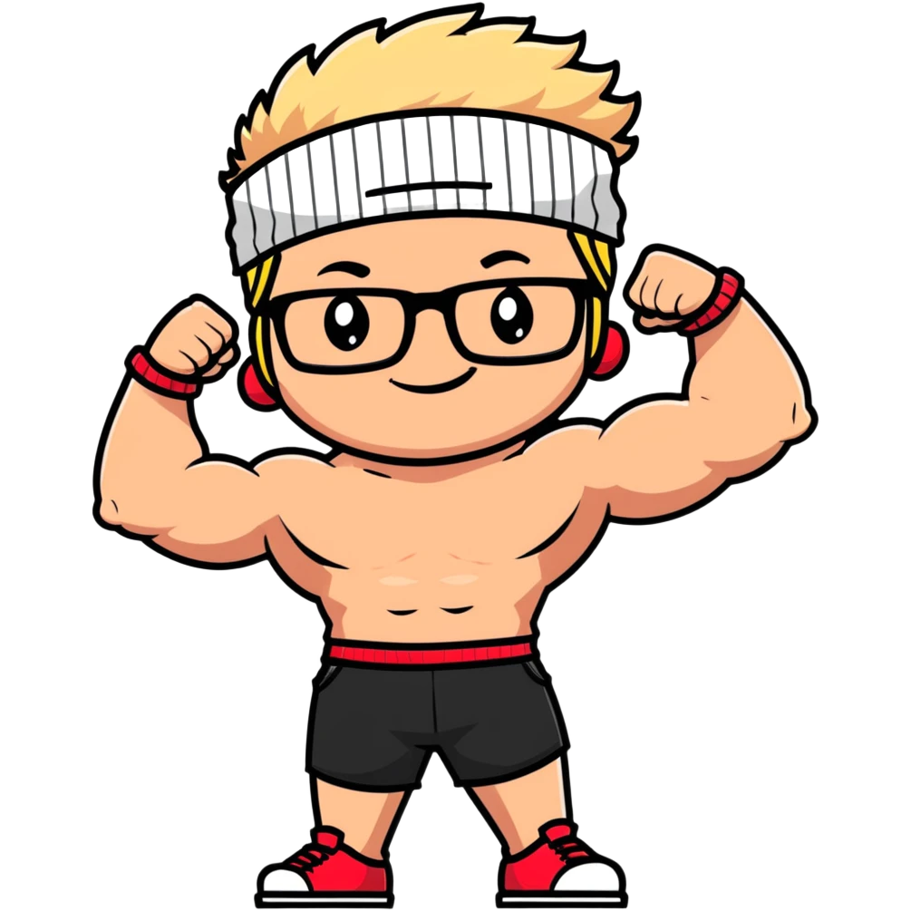 Regular man with black and white cap, bare torso, red shorts, clear glasses, messy light blond mullet hairstyle, smiling and flexing muscles emoji
