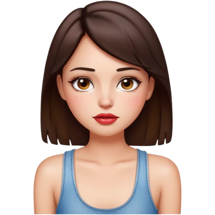 “Emoji brunette girl white tanktop, dewy skin, heavy blush across cheeks and nose bridge, glossy cherry lips, soft eyeliner, teary sparkling eyes like hanni from new jeans emoji
