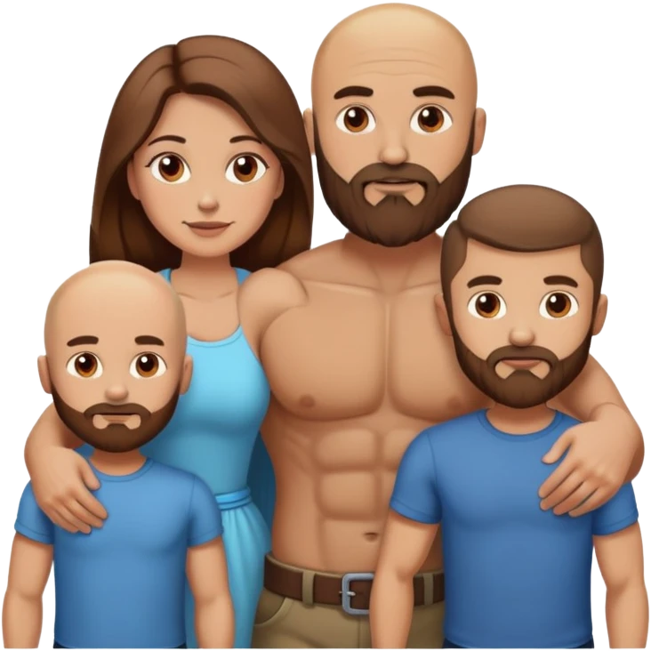 Muscular Bald beard man with his hot wife long brown hair and 3 boys emoji