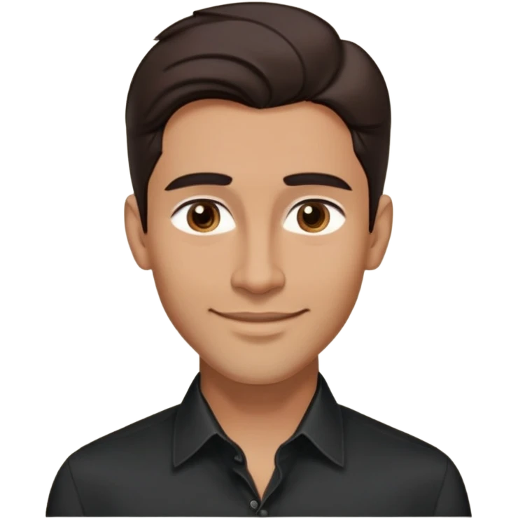 Attractive man in his 40s with youthful appearance, light brown skin, elongated face, defined jawline, handsome features, medium dark eyes, arched eyebrows, straight nose, confident smile, medium wavy dark hair, wearing a formal black button-up shirt emoji