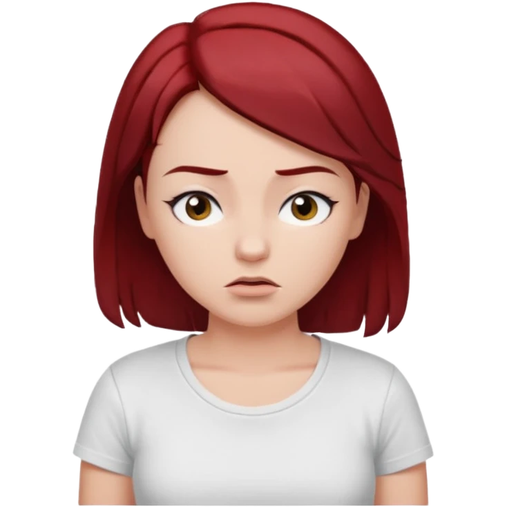 younger woman shrugging, eyes closed, white t-shirt, dark red hair, black eyebrows emoji