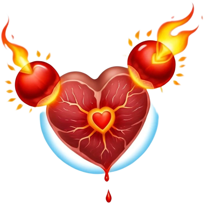 Glowing pieces of red meat floating around a red blood cell that shines brightly like a torch. Streams of light connect the blood cell to a heart and muscles, showing how heme iron creates energy and vitality throughout the body. emoji